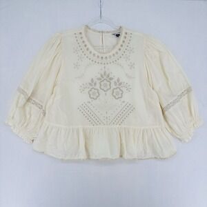 American Eagle High Neck Eyelet Top Women's L Puff Sleeve Ruffle Ivory Blouse
